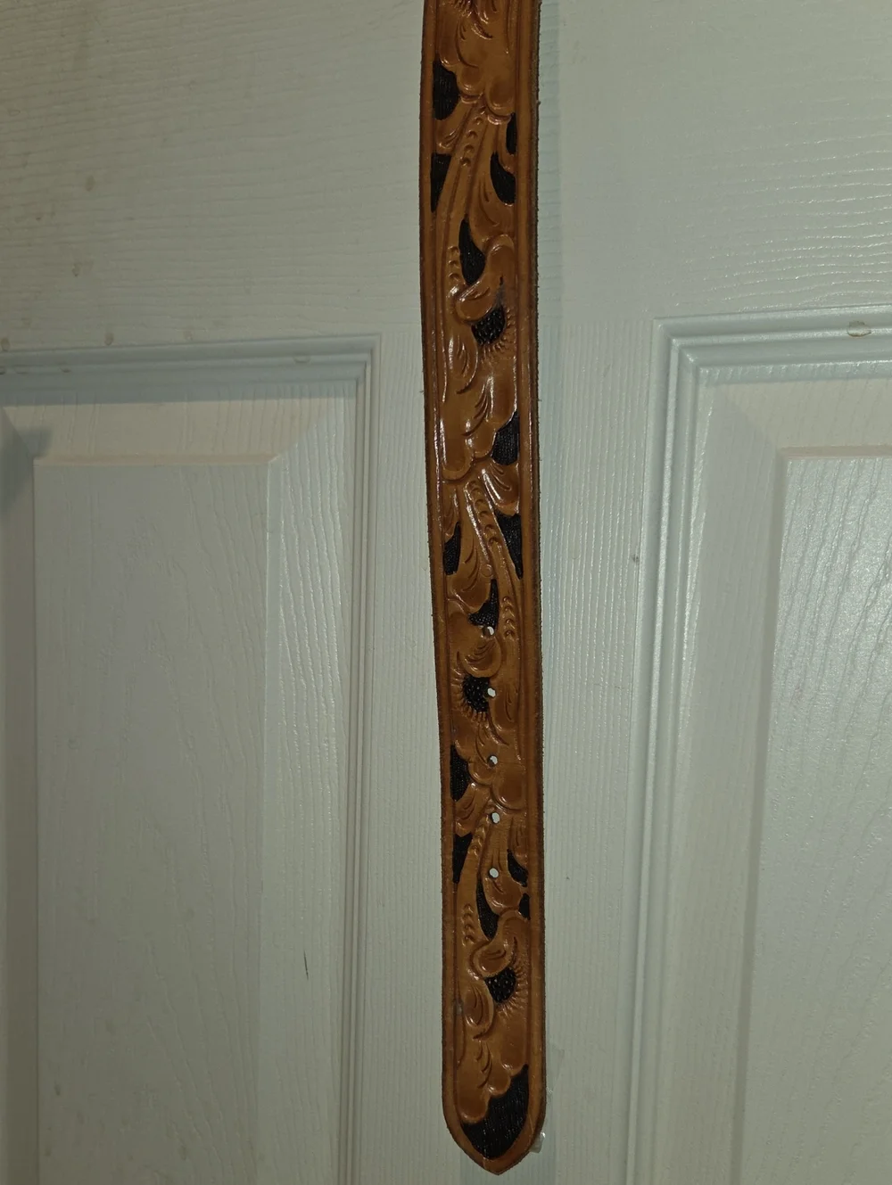 Tooled Leather Western Belt with Embossed Metal Buckle - Tan and Gray Mens Size